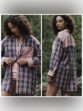 Anthropologie Flannel Oversized Boyfriend Buttondown Shirt Plaid Striped Sz Med